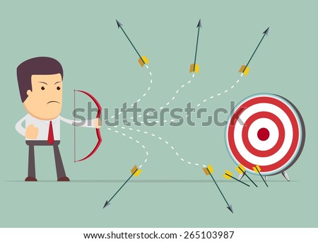 Cartoon businessman shooting target with a bow and arrow, vector illustration.