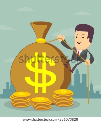 Man and money bag. Money making. Bank deposit.  Financials.Vector illustration.