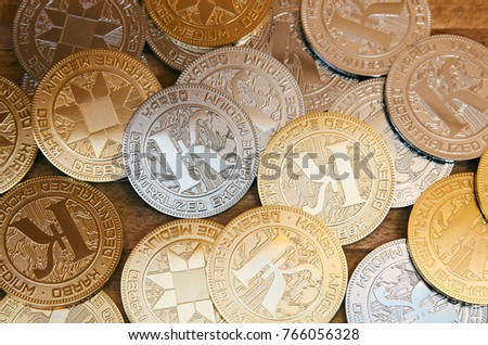 Many cryptocurrency coins (Karbo aka Karbovanets) on a table background Zdjęcia stock © 