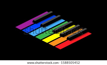 Piano keyboard in octave for icons, logo on a black background. Isometric style image. Seven colors of the rainbow on each key.