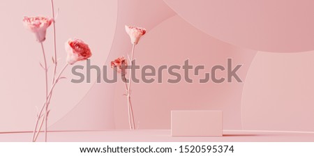 Background for cosmetic product branding, identity and packaging inspiration. Podium with pink carnations and pink circular geometry background. 3d rendering illustration.
