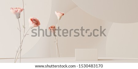 Abstract background for cosmetic product branding, identity and packaging inspiration. Podium with pink carnations and earth tone circular geometry background. 3d rendering illustration.