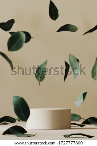 Cosmetic background for product presentation. Beige paper podium and falling green leaves on beige background. 3d rendering illustration.