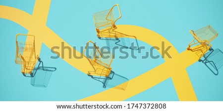 Minimal composition for shopping and supermarket concept. Yellow shopping cart trolley and yellow path on blue background. 3d rendering illustration. Сток-фото © 