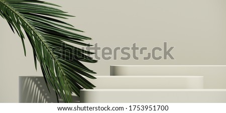 Minimal abstract cosmetic background for product presentation. Cosmetic bottle podium and green palm leaf on grey color background. 3d render illustration. Object isolate clipping path included.