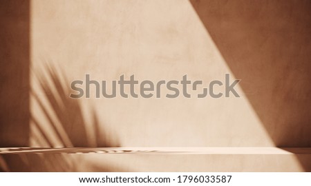 Minimal abstract cosmetic background for product presentation. Sunshade shadow on beige plaster wall. 3d render illustration. Object isolate clipping path included.