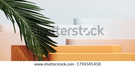 Minimal cosmetic background for product presentation. Gradient color podium and green palm leaf on blue background. 3d render illustration. Object isolate clipping path included.