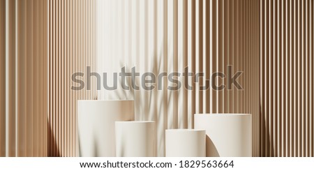 Minimal abstract background for branding and product presentation. Sunshade shadow on beige corrugated panel background. 3d rendering illustration. Clipping path of each element included.