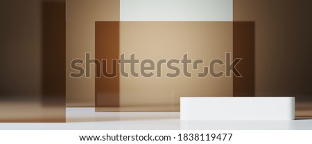 Minimal background for branding and product presentation. Beige frosted glass panel and white podium on white background. 3d rendering illustration. Clipping path of each element included.