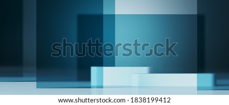 Minimal background for branding and product presentation. Blue frosted glass panel and blue podium on blue background. 3d rendering illustration. Clipping path of each element included.