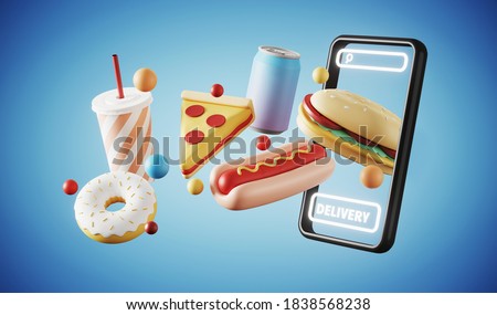 Minimal background for online food delivery concept. Mobile phone with food and beverage on blue background. 3d rendering illustration. Clipping path of each element included.