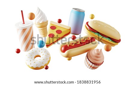 Minimal background for fast food concept. Food and beverage on white background. 3d rendering illustration. Clipping path of each element included.