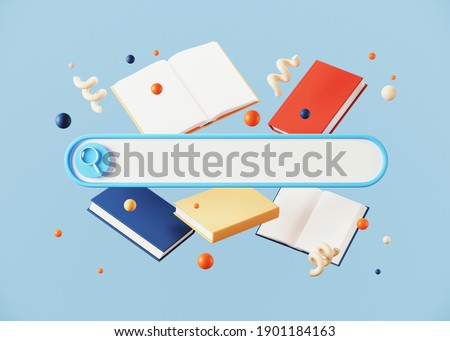 Minimal abstract background for online learning and education concept. Blank web search bar and book on blue background. 3d rendering illustration. Clipping path of each element included.
