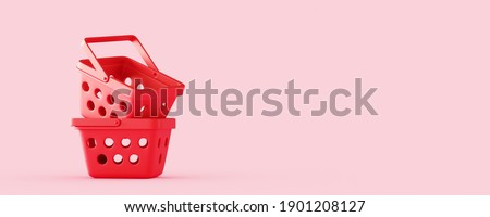 Minimal abstract background for online food and grocery concept. Red empty shopping basket on pink background. 3d rendering illustration. Clipping path of each element included.