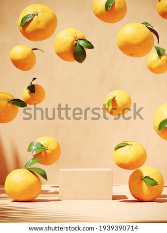 Summer mockup concept for beverage presentation. Beige podium and orange on beige background. Clipping path of each element included. 3d rendering illustration. 