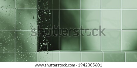 Mockup background for product presentation. Blurred foreground of glass panel and water droplets. Green tile podium with plant shadow. Clipping path included. 3d rendering illustration. 