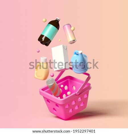 Minimal background for online shopping and digital marketing concept. Basket and grocery on pink background. 3d rendering illustration. Clipping path of each element included.
