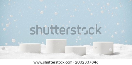 Minimal product background for Christmas and winter holiday concept. White podium and snow  drifts on blue sky. 3d render illustration. Clipping path of each element included.