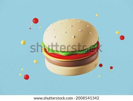 Minimal background for fast food concept. Hamburger cartoon style on blue background. 3d rendering illustration. Clipping path of each element included.