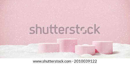 Minimal product background for Christmas and winter holiday concept. Pink podium and snow drifts on pink background. 3d render illustration. Clipping path of each element included.