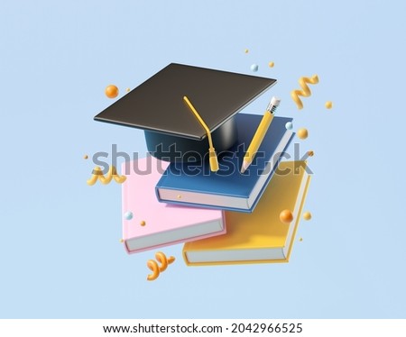 Minimal background for online education concept. Book with graduation hat on blue background. 3d rendering illustration. Clipping path of each element included. ストックフォト © 