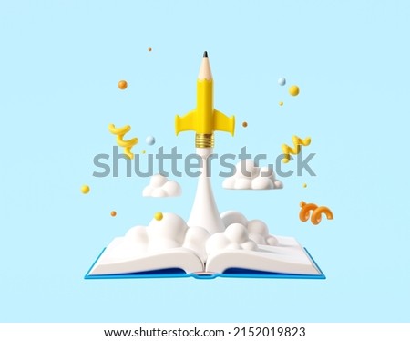 Minimal background for online education concept. Launching pencil rocket and open book on blue background. 3d rendering illustration. Clipping path of each element included. ストックフォト © 