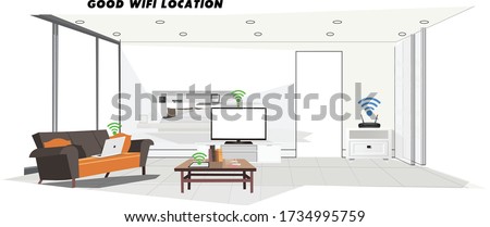 Good Location the router for good Wi-Fi signal in the living room. Infographic, interior, Living Room, House, wifi, signal, and . Vector flat illustration