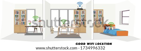 Good Location the router for good Wi-Fi signal in the separate room. Infographic, interior, Living Room, House, wifi, signal, and . Vector flat illustration