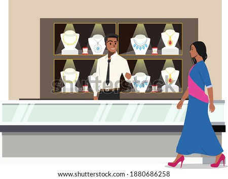 One customer entering the jewelry store illustration. Jewelry, store, mall. Vector Flat illustration