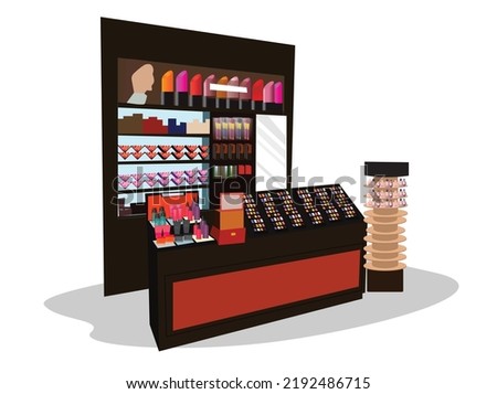 Illustration of Cosmetics store booth  interior with products on the shelves, shopping, beauty shop, cosmetic products, health and beauty. Vector Flat Illustration