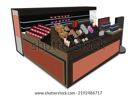 Illustration of Cosmetics store booth  interior with products on the shelves, shopping, beauty shop, cosmetic products, health and beauty. Vector Flat Illustration