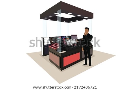 Illustration of a cosmetic booth with employees demonstrating it. Vector Flat Illustration