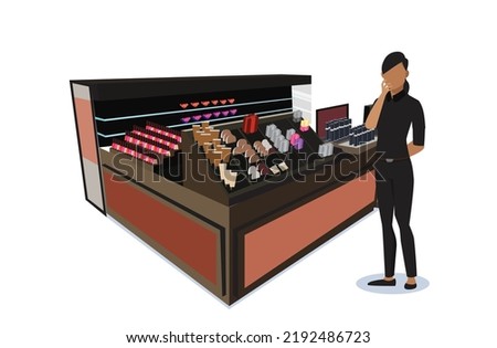 Illustration of a cosmetic booth with employees demonstrating it. Vector Flat Illustration