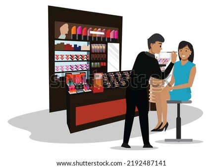 Illustration of a cosmetic booth with employees and customers providing product information. Vector Flat Illustration