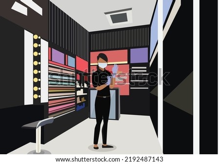 Illustration of a cosmetic booth with employees and customers providing product information. Vector Flat Illustration