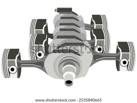 Illustration of a cross-section of a six-cylinder engine. It includes the pistons, connecting rods, and crankshaft. Vector Flat Illustration