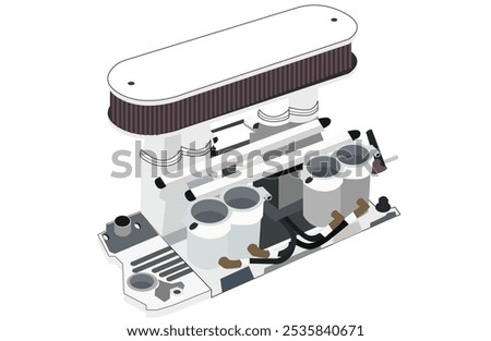 Illustration of an engine intake manifold. It's a complex system that distributes a mixture of air and fuel to the engine's cylinders. Vector Flat Illustration