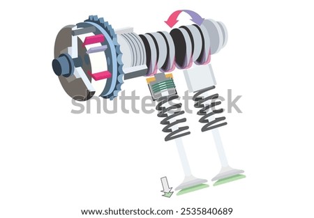 Illustration of a variable valve timing (VVT) system. This technology allows the timing of the intake and exhaust valves to be adjusted, improving engine performance and fuel efficiency. Vector Flat 