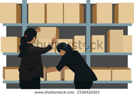 Illustration of two female workers organizing boxes on a shelf in a warehouse. Vector Flat Illustration