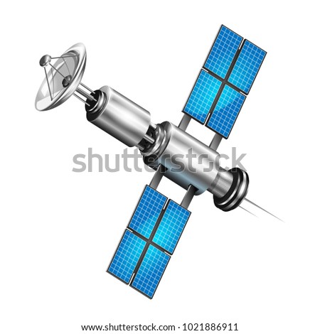 Realistic satellite. 3d satelite vector illustration. Wireless satellite technology.