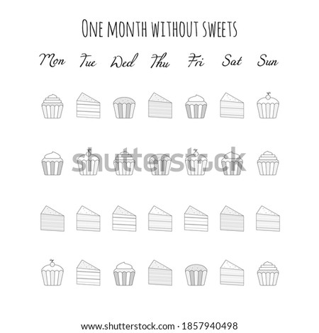 Vector illustration for printable with sweets, cakes and muffins on white background. Planner of tracker without sweets for bullet journal page, daily planner template, blank for notebook. A4 sheet.
