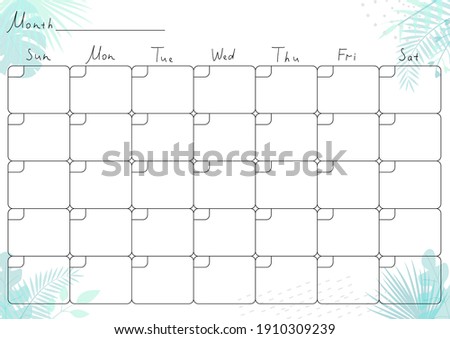 Printable A4 paper sheet with monthly planner blank to fill on background with tropical leaves. Minimalist planner for bullet journal page, habit tracker, daily planner template, blank for notebook.