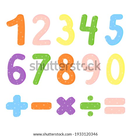 Vector illustration with numbers from zero to nine and math symbols. For children studying arithmetics, mathematics or for birthday invitation, party card decoration, anniversary, carnival.