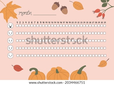 Printable A4 paper sheet with fall leaves, autumn attributes and to fill planner of mood tracker in minimalist style. Template for bullet journal page, daily planner template, blank for notebook.