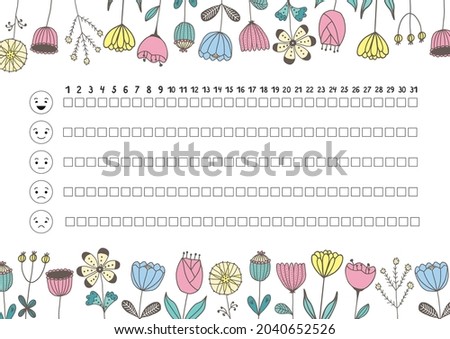 Printable A4 paper sheet with hand drawn flowers and to fill planner of mood tracker for bullet journal page, daily planner template, blank for notebook.