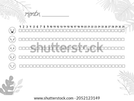 Printable A4 paper sheet with tropical leaves to fill planner of mood tracker in minimalist style. Template for bullet journal page, daily planner template, blank for notebook.
