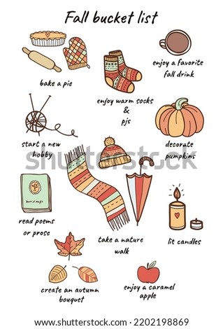 Vector illustration with cute and trendy autumn and halloween elements. Autumn bucket list, fall to do planner, eat seasonal food and do cozy things.