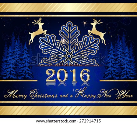 Elegant blue Christmas background. Merry Christmas and a Happy New Year - Blue golden Christmas background for 2016. Contains an elegant snowflake, reindeer shape and pine trees.