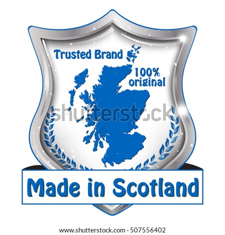Made in Scotland, Premium Quality, Satisfaction Guaranteed, 100% original - shield shape label with the national Scottish flag and the map of Scotland on the background.