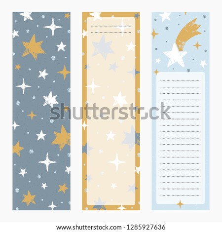 Printable bookmarks or banners with little hand drawn stars. Stamp textured template with place for notes. Vector illustration in scandinavian style